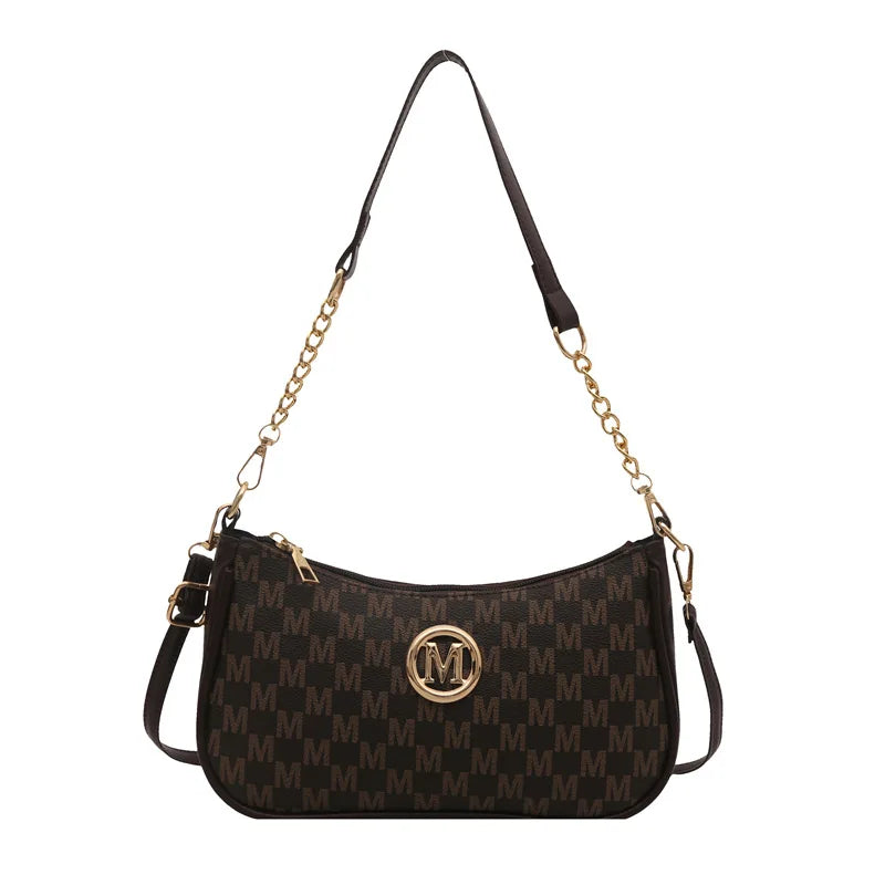 Vintage Style Handbag Crossbody Bag, Gold Letter 'M' Design Pu Leather Shoulder Messenger Bag, Synthetic Leather Tote Bag, Purse