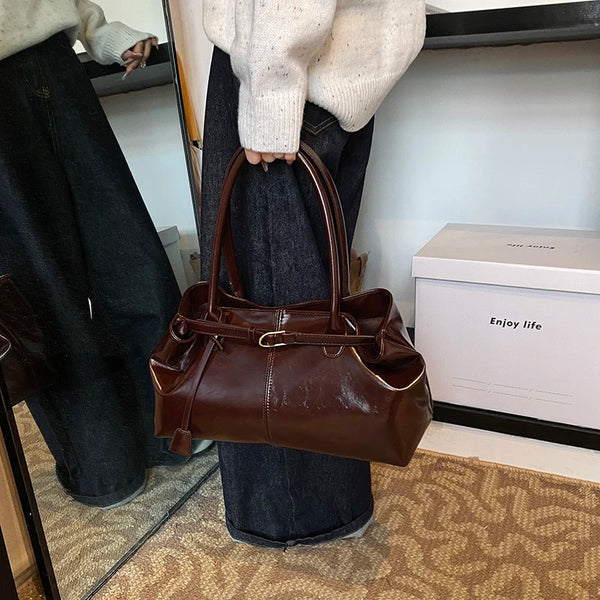 2025 New Lady's Handbag Vintage Brown Shoulder Bag with Short Handle Women PU Leather Bag Large Capacity Luxury Brand Tote Bags